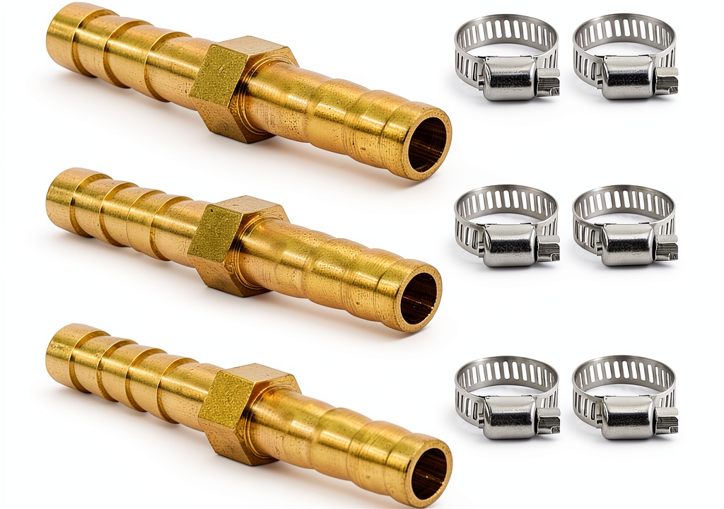 'Joywayus brass hose mender with stainless clamps on a workbench'